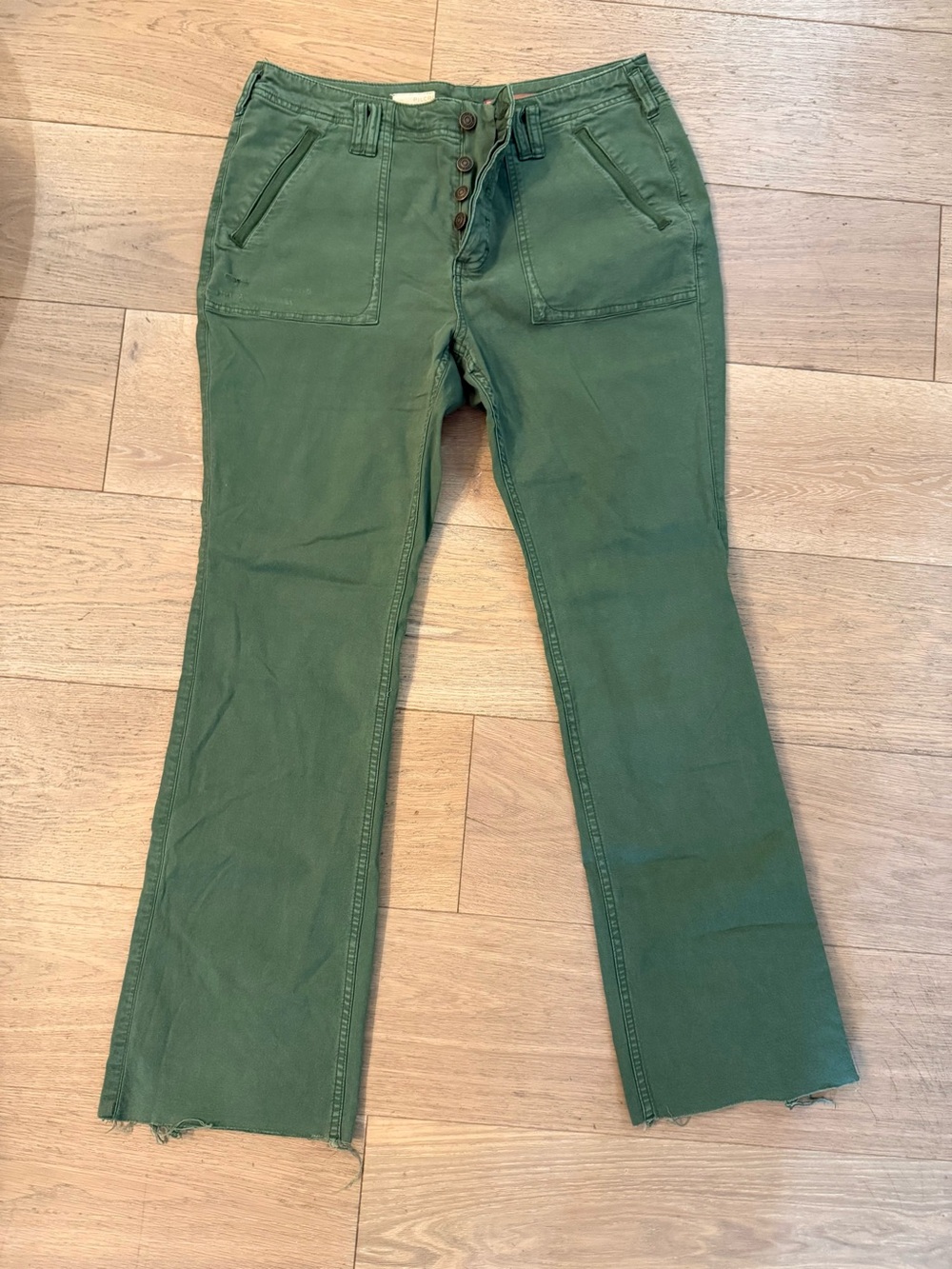 Pilcro Olive Green Flare Jeans with Button-Front